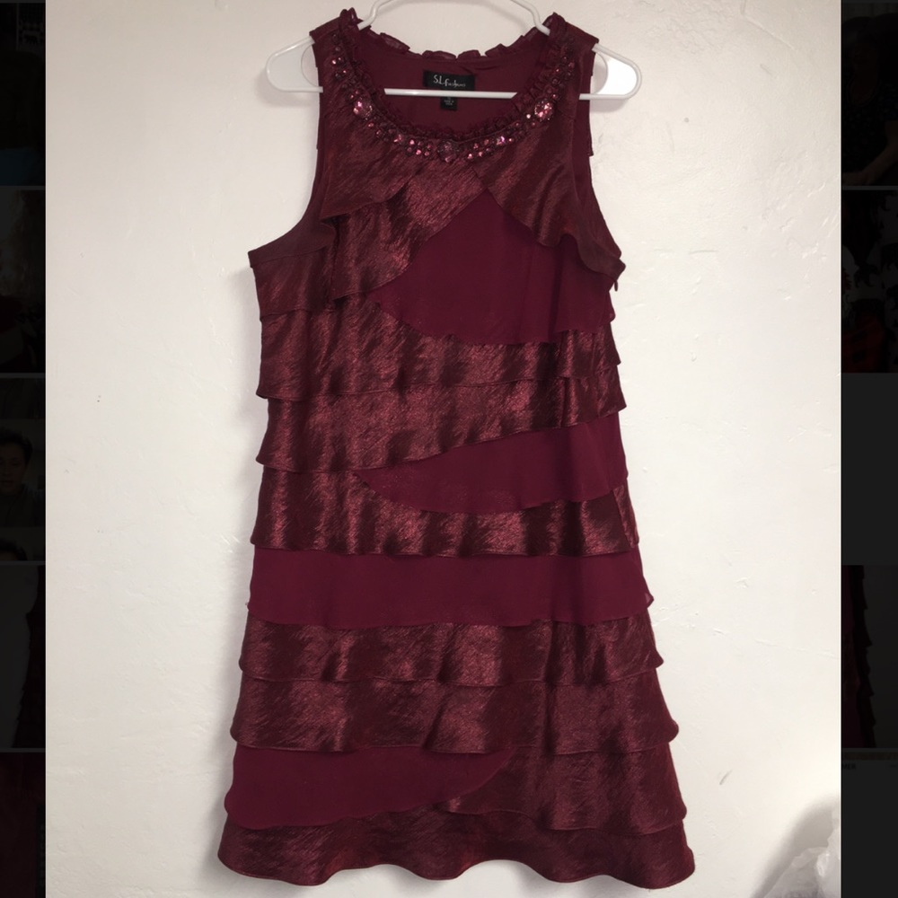 S.L. Fashions Burgundy Tiered Beaded Dress 16